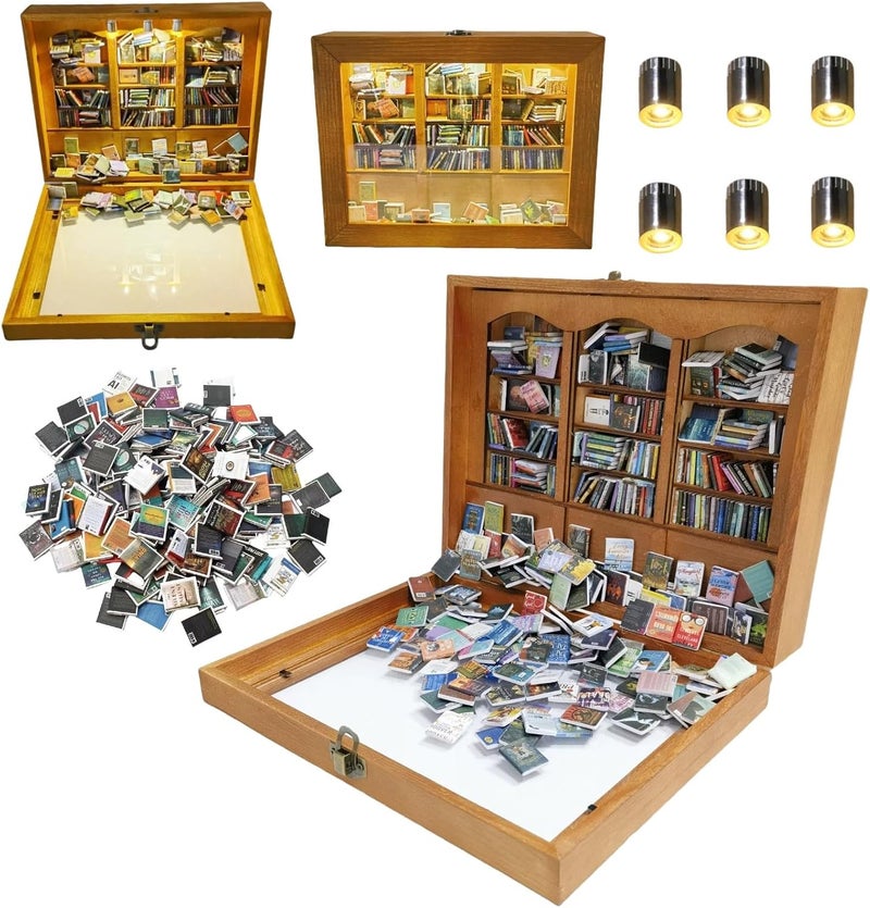 Silanit 10.2 x 9.1 x 3.1 in Anxiety Bookshelf with 400 Mini Book Pieces includes 6 Decorative Mini Lights, Miniature Bookshelf for Tiny Home, Library Decor, Book Organizer for Office Desk, Bookish Spaces - Image 1